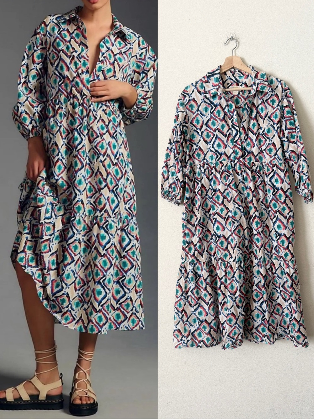Anthropologie Maeve MEDIUM Bettina long sleeve tiered midi dress in geometric
